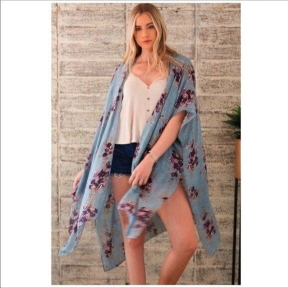 NOSTALGIA Boho Blue Floral Kimono - Picture 1 of 8